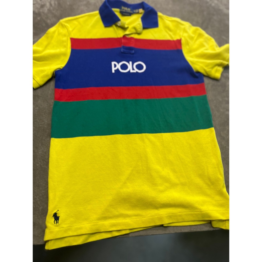 Polo Ralph Lauren Mens Classic Fit Color Block Stripe Mesh Polo Shirt Yellow XS